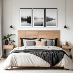 Modern Minimalist Bedroom Interior with Lake View Artwork