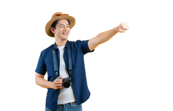 Portrait of young asian man using travel camera and posing	