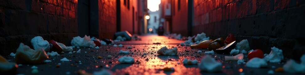 Trash scattered on the ground of an alleyway at dusk with broken glass, dirty, evening
