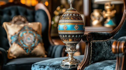Fototapeta premium A large ornate vase with a blue and gold design sits on a dark blue velvet chair.