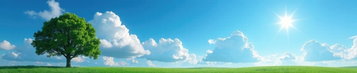 Treeline against a vast blue sky with fluffy white clouds, tree, sun, cloud
