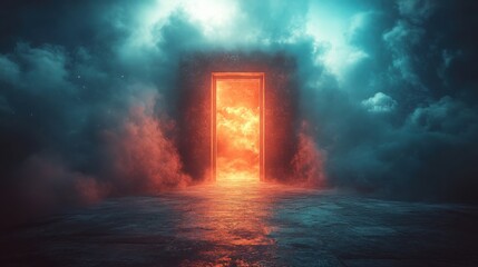 Mysterious Portal Opening into a Fiery Cloudscape with Vivid Colors and Dynamic Lighting