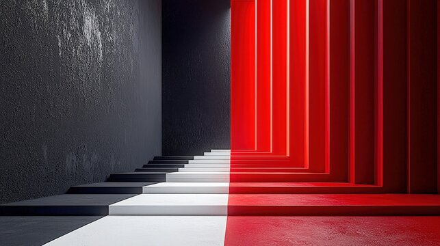 This image captures a dramatic staircase leading towards bright red segments in a minimalist interior, combining modern design with striking visual contrasts for impactful settings.