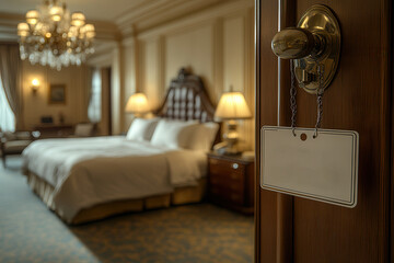 Luxury hotel room with blank door sign  
