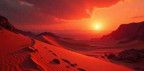 Fototapeta premium Majestic Martian dunes stretch across the rust-red landscape at sunrise, barren land, crimson sky, sun rise