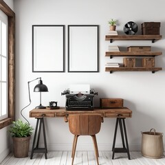 Vintage Writer's Desk with Typewriter and Mockup Frames