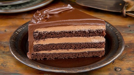 Delicious chocolate layer cake slice on rustic wood