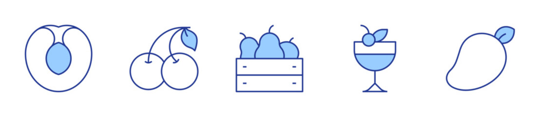 apricot, cherry, fruit, fruit juice, mango. Fruits Icon vector illustration. Line Duotone style. Editable stroke