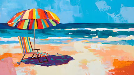 Colorful beach scene, vibrant umbrella and empty chair on sandy shore, inviting relaxation and summer vibes for vacation themes.