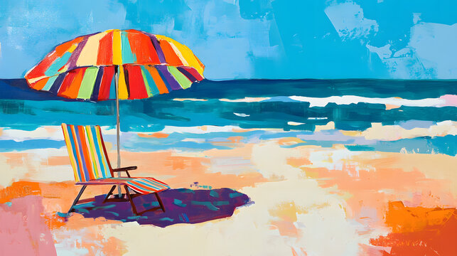Colorful beach scene, vibrant umbrella and empty chair on sandy shore, inviting relaxation and summer vibes for vacation themes.