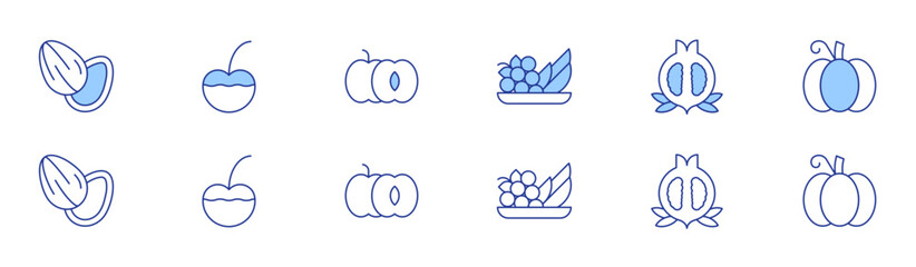 Fruits icon set in two styles, Duotone and Thin Line style. Editable stroke. almond, cherry, fruits, peach, pomegranate, pumpkin