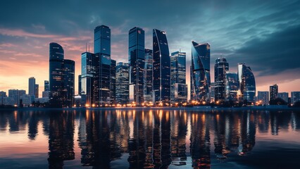 skyline of a modern city with iconic skyscrapers illuminated at twilight, reflections shimmering on glass facades
