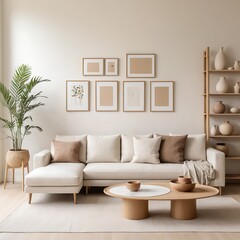 Minimalist Beige Living Room Interior with Modern Sofa and Gallery Wall