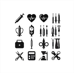 Medical Equipment, HIV Virus Organism and Healthcare Icons – Black Silhouette Vector