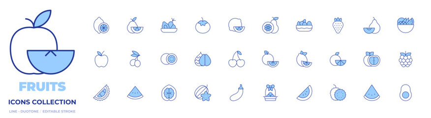 Fruits icons collection. Line Duotone style, editable stroke. apple, avocado, bergamot, cherry, chinese white pear, durian, eggplant, fruit, fruits, lemon, lime