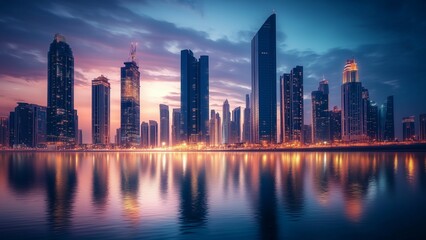Obraz premium skyline of a modern city with iconic skyscrapers illuminated at twilight, reflections shimmering on glass facades