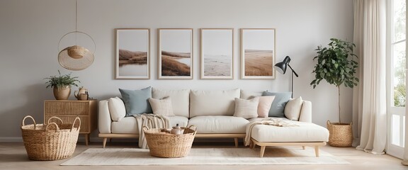 Cozy Modern Living Room Interior with Neutral Tones and Natural Elements