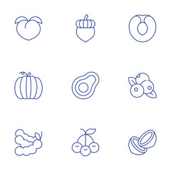 Fruits icons set. Thin Line style, editable stroke. acorn, apricot, avocado, berries, cherries, coconut, peach, pumpkin, tamarind