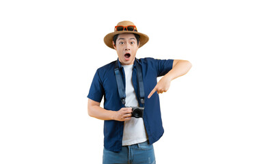 Portrait of young asian man using travel camera and posing	