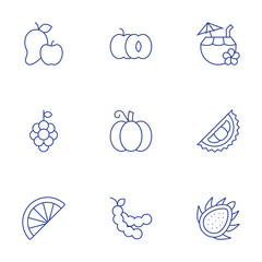 Fruits icons set. Thin Line style, editable stroke. coconut water, dragon fruit, durian, fruit, grape, lime, peach, pumpkin, tamarind