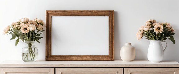 Blank Wooden Frame Mockup with Peach Flowers in Vases on Wooden Cabinet