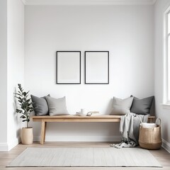 Minimalist Scandinavian Entryway with Wooden Bench and Blank Frames