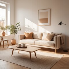 Cozy Living Room Interior with Beige Sofa and Natural Light