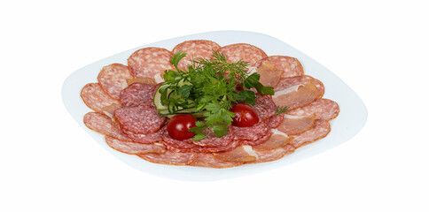 A white plate with meat and tomatoes on a white background