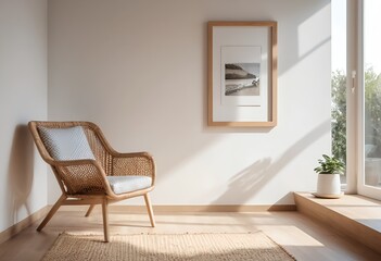 Fototapeta premium Relaxing Rattan Chair in Sunny Minimalist Room