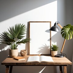 Modern Home Office Desk with Plants and Blank Frame