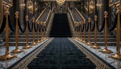 Obraz premium Elegant staircase with red carpet and velvet ropes in a luxurious hotel lobby
