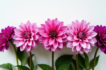 Obraz premium Row of dahlia flowers in shades of pink and purple on a white surface, plant, purple dahlia