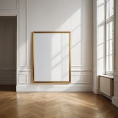Fototapeta premium Blank Canvas in Classic Interior with Wooden Herringbone Floor