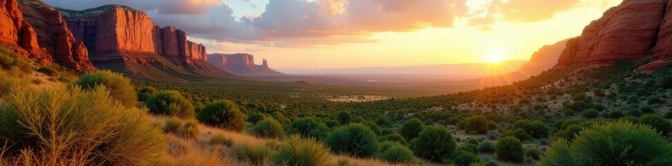 Fototapeta premium Sandstone peaks rise high above a serene green oasis, bushes, sandstone, golden hour
