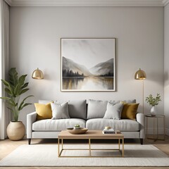 Modern Living Room Interior with Grey Sofa and Landscape Art