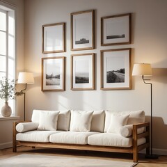 Modern Living Room Interior with White Sofa and Gallery Wall