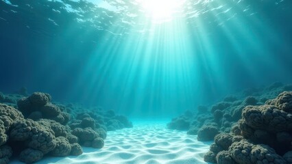 Naklejka premium Underwater coral reef with sunlight rays illuminating sandy seabed and rocks 