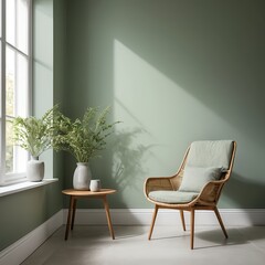 Relaxing Green Room Interior with Rattan Chair and Plants