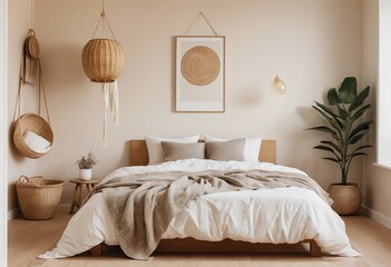 Bohemian Bedroom Interior Design with Beige and Wooden Accents