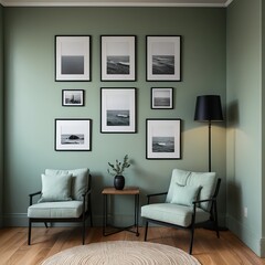 Serene Green Living Room with Ocean-Themed Artwork