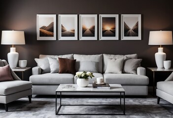 Modern Living Room Interior with Cozy Sofa and Landscape Artwork