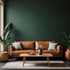 Modern Living Room Interior with Brown Leather Sofa and Green Wall