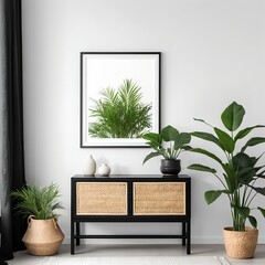 Modern Minimalist Living Room Interior with Plants and Black Cabinet
