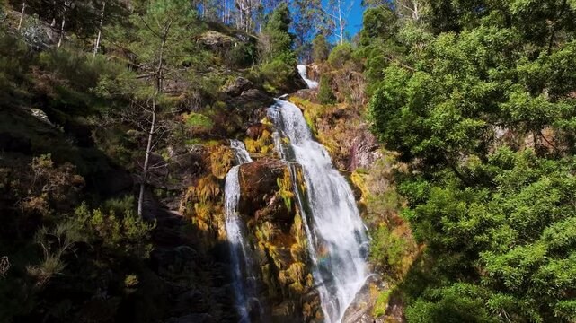 Waterfall Flowing In Lush Green Forest. ascending drone shot