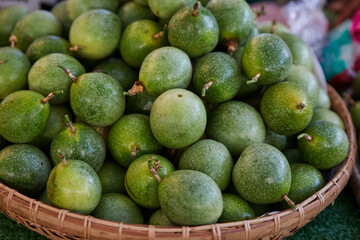 Close-up view of green Passion Fruit in market