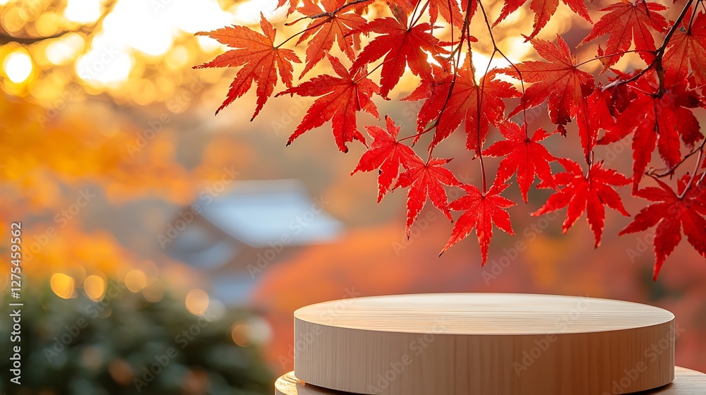 Poster autumn leaves frame a wooden product display platform, perfect for background use