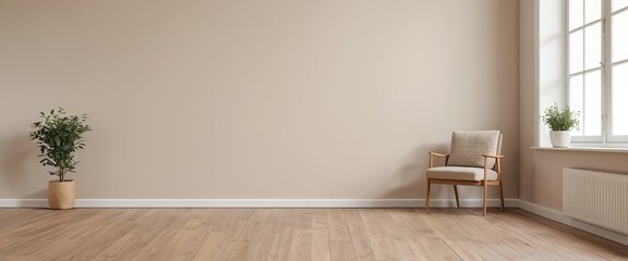 Minimalist Living Room Interior with Beige Walls and Wooden Floor