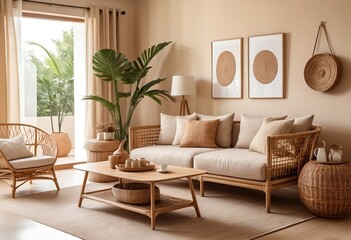 Cozy Modern Living Room with Rattan Furniture and Neutral Decor