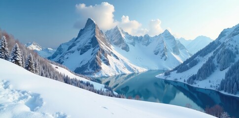Fototapeta premium Snowy summit of Giewont mountain in Tatra Mountains, winter, frozen lake, frozen