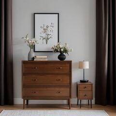 Modern Mid-Century Bedroom Interior with Wooden Chest of Drawers
